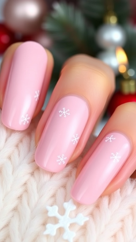 Elegant light pink Christmas nails with white snowflake designs.